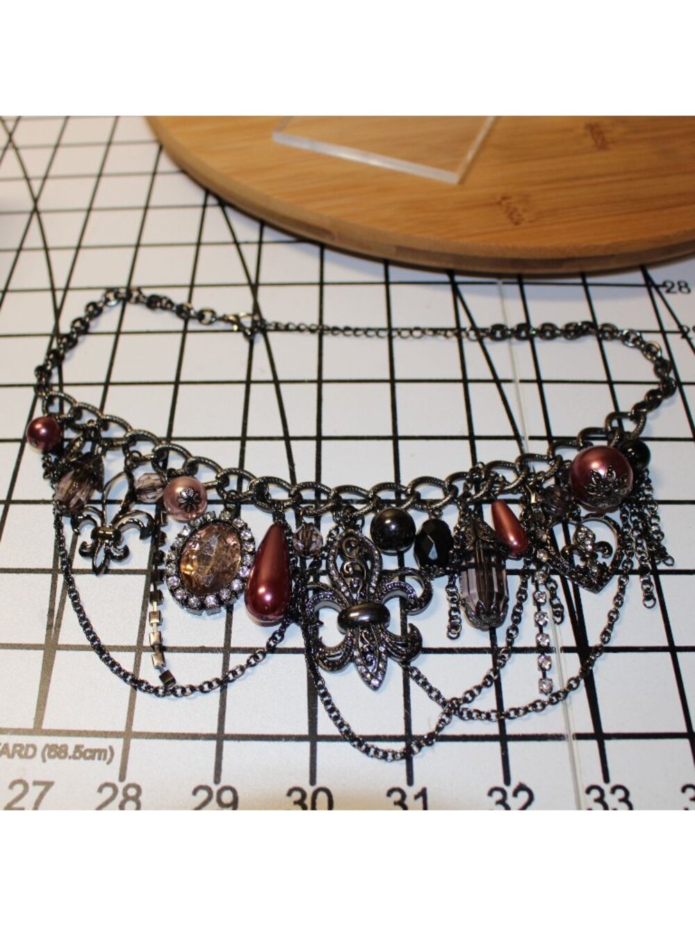 Gothic Victorian Fleur De Lis Charm Bib Necklace Gunmetal Mauve Pearl Rhinestone